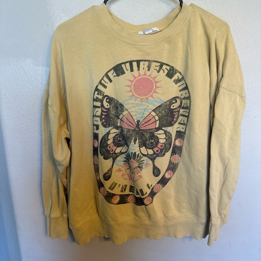 O'Neill Yellow Crewneck Sweater with Butterfly Graphic